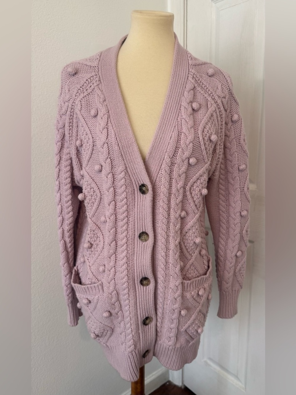 Aritzia Wilfred Alps Cardigan Soft Merino Wool Cable Knit Pom Poms Purple Small